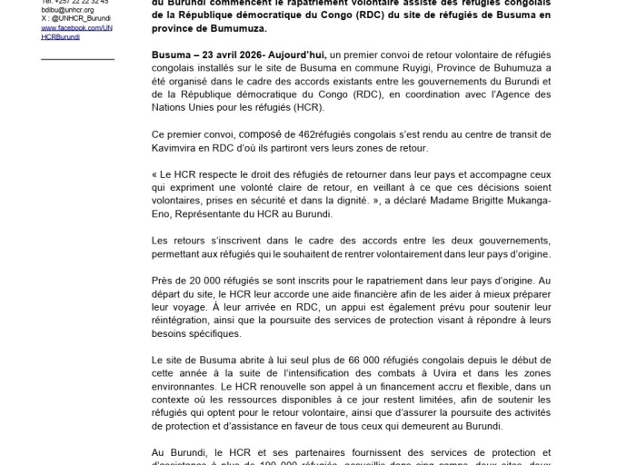 Retour au pays : 462 réfugiés congolais quittent le Burundi dans une première vague de rapatriement volontaire